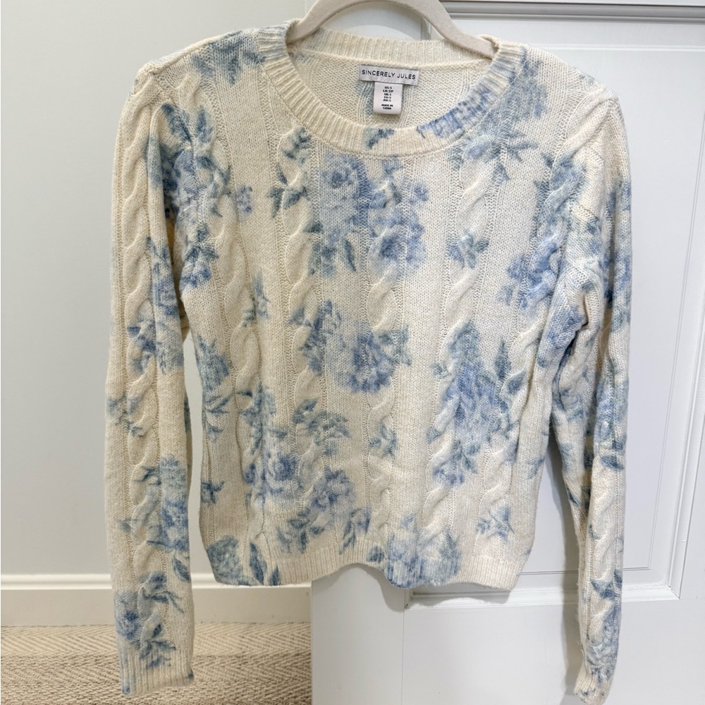 Sincerely Jules Cream and Blue Floral Sweater